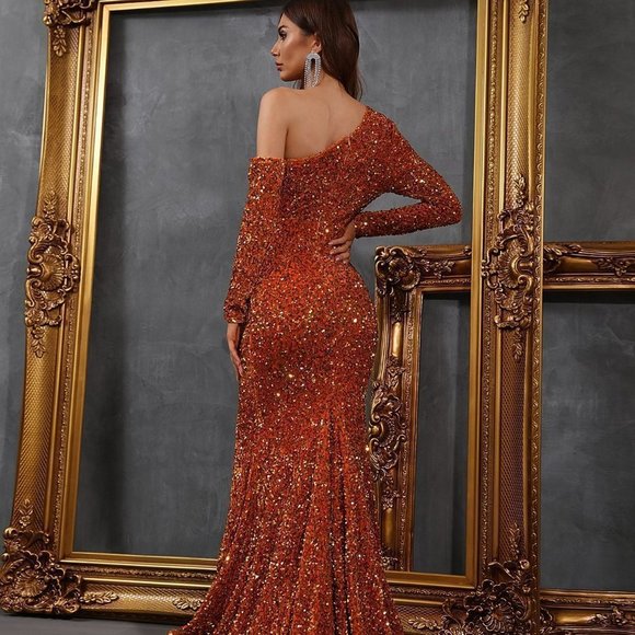 Burnt Orange Womens Asymmetrical Neck Cut Out Split Thigh Sequin Prom Dress - Picture 5 of 5